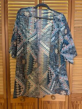 Boho Geometric Sheer Kimono in Teal & Taupe